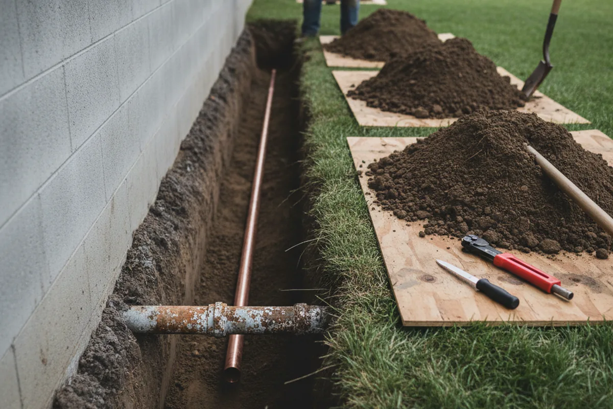 Excavated water line trench during Sewer Line Repair in Clear Spring